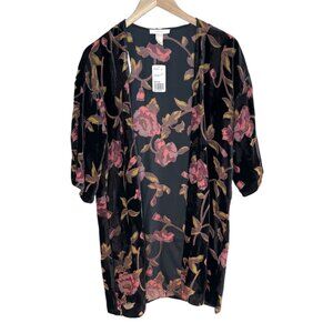 FOREVER 21 Black Velvet Burnout Floral Rose Romantic Kimono Cardigan Size S NWT